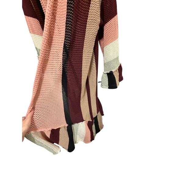POL Striped Kimono Cardigan Boho Ruffle Hem Long Sleeve Pink Tan Burgundy - Picture 4 of 6